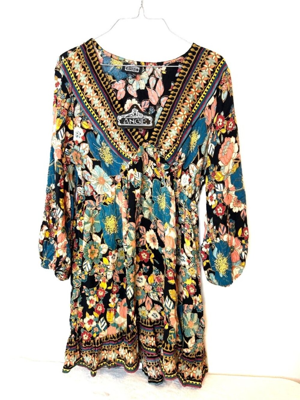 Angie Boho Dress V-Neck Rayon Large Floral Peasant Bohemian Festival Flowy NEW